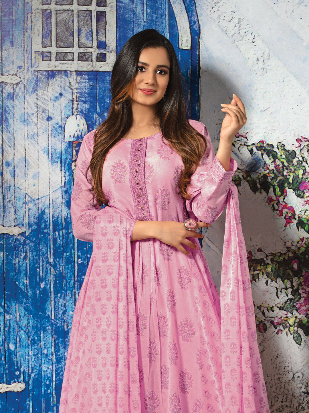 Pink Cotton Anarkali Set with Dupatta