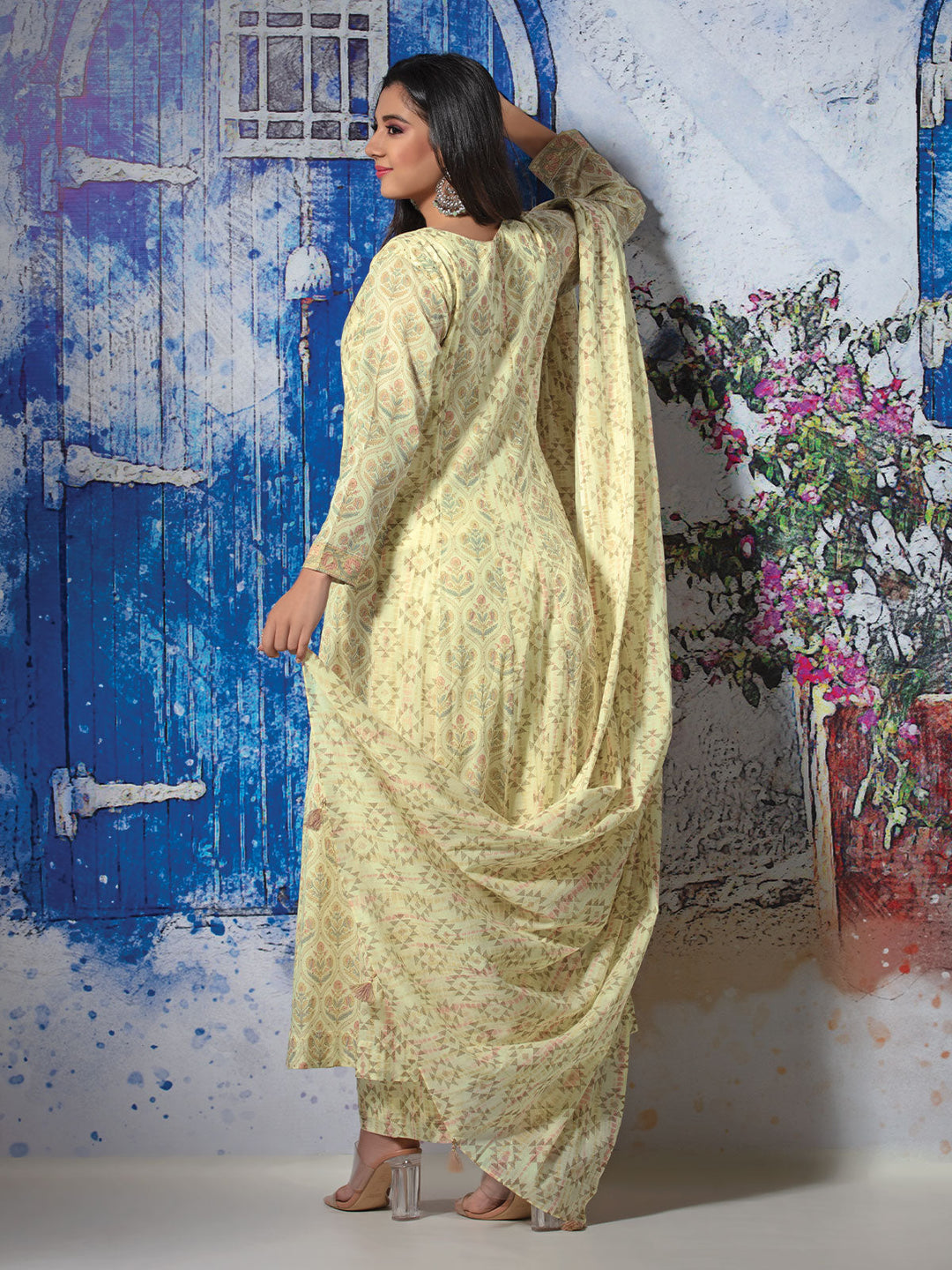 Light Beige Cotton Anarkali Set with Dupatta