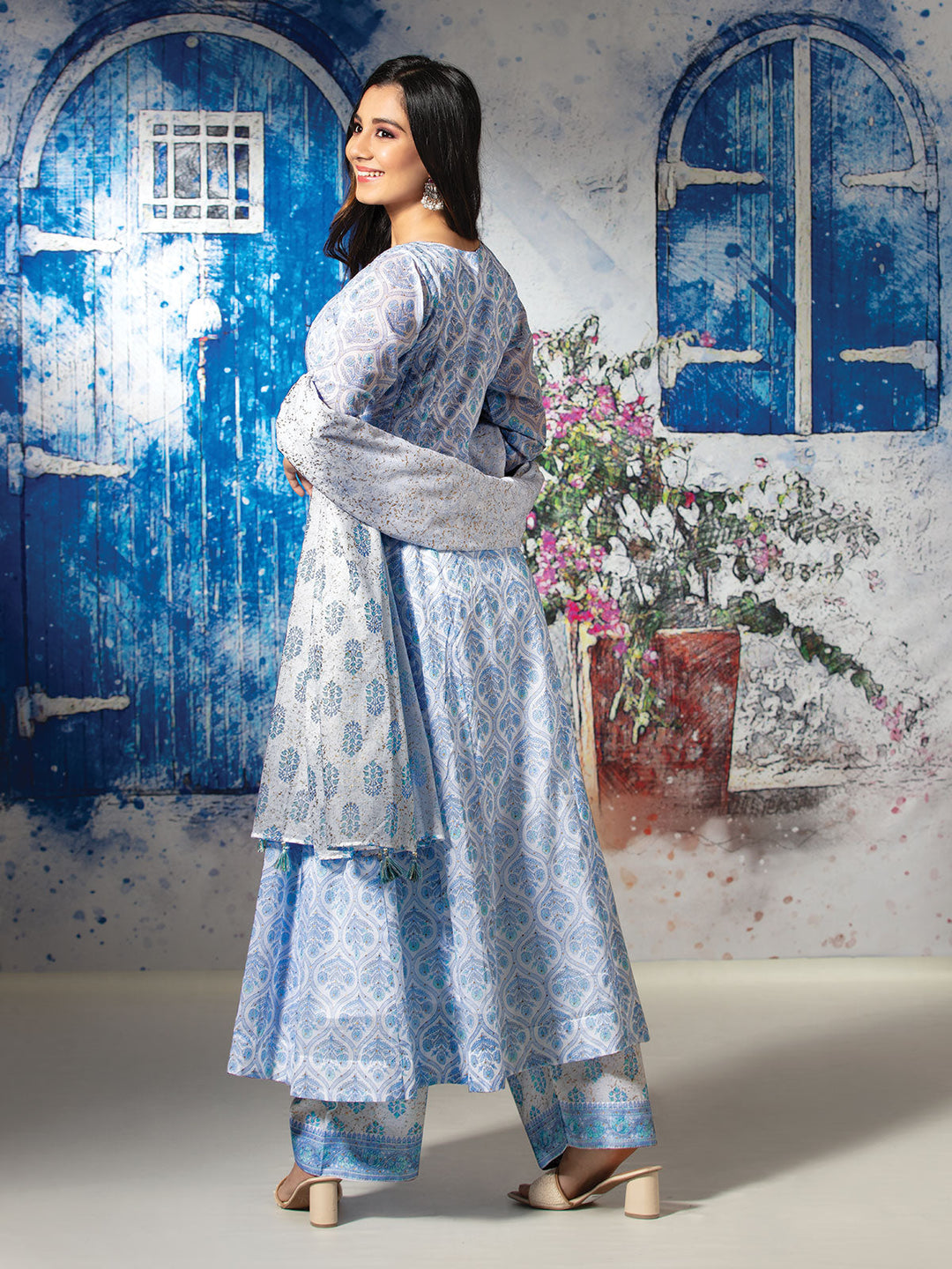 Blue Floral Cotton Anarkali Set with Dupatta