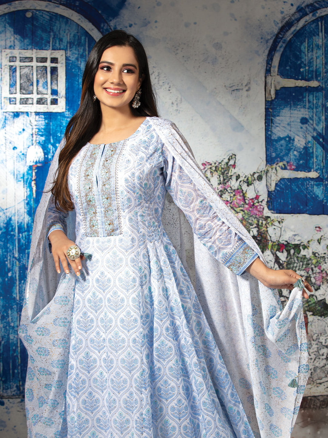 Blue Floral Cotton Anarkali Set with Dupatta