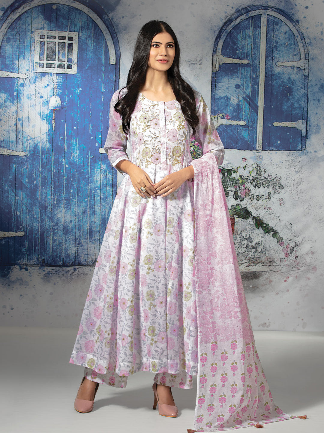 Pink Floral  Cotton Anarkali Set with Dupatta