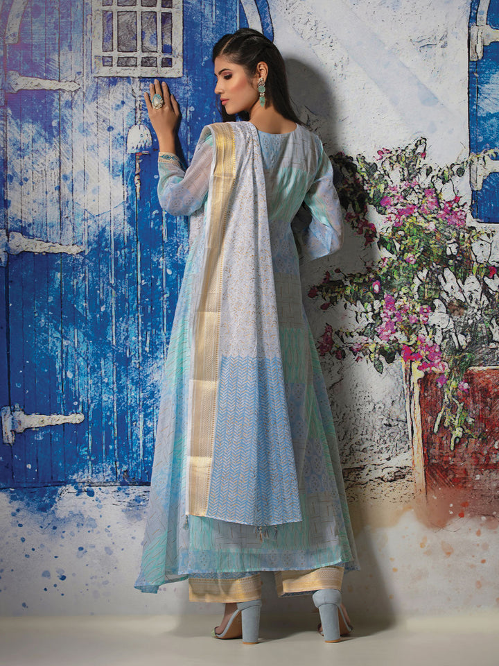 Blue Cotton Anarkali Set with Dupatta