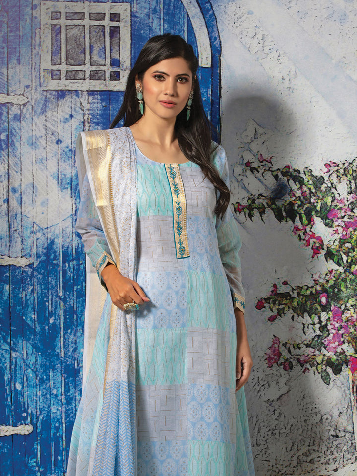 Blue Cotton Anarkali Set with Dupatta