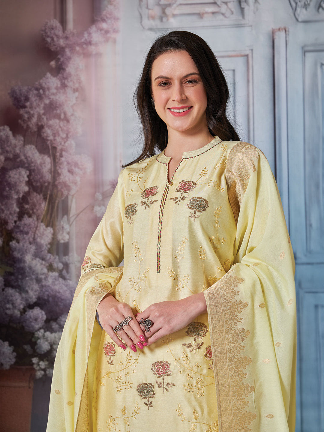 Yellow Semi Silk Kurta Set with Dupatta
