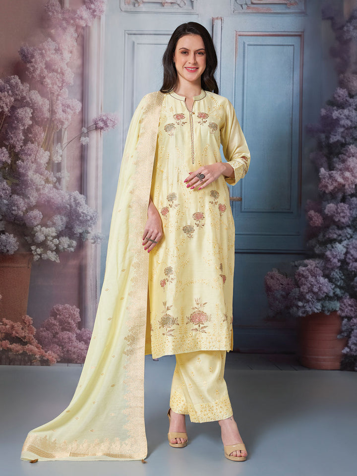 Yellow Semi Silk Kurta Set with Dupatta