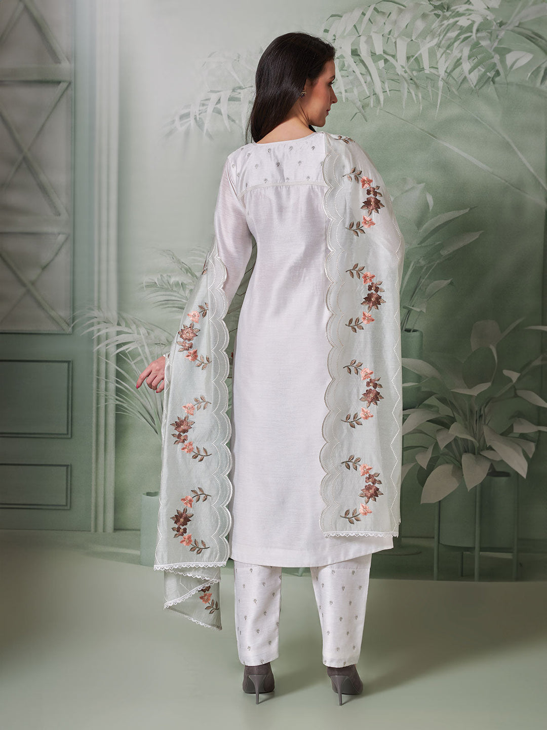 White Semi Silk Kurta Set with Dupatta