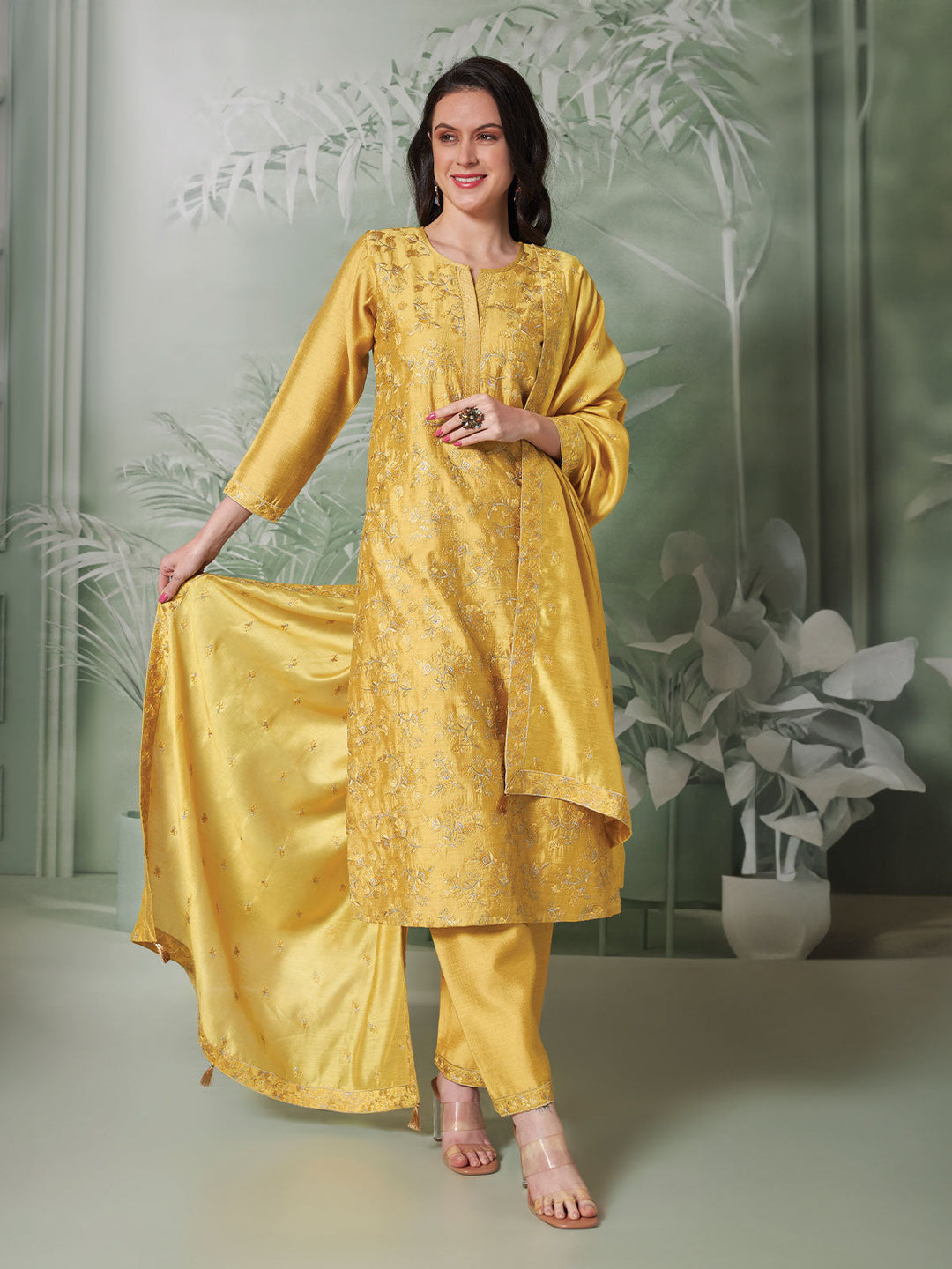 Yellow Semi Silk Kurta Set with Dupatta