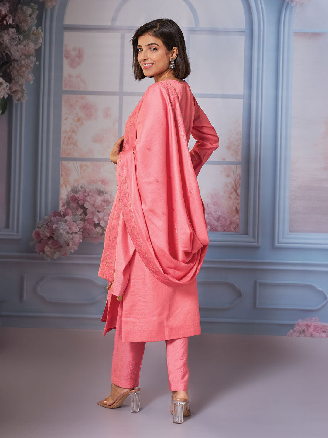 Pink Semi Silk Kurta Set with Dupatta