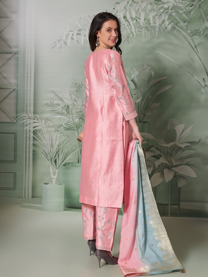Pink Semi Silk Kurta Set with Dupatta