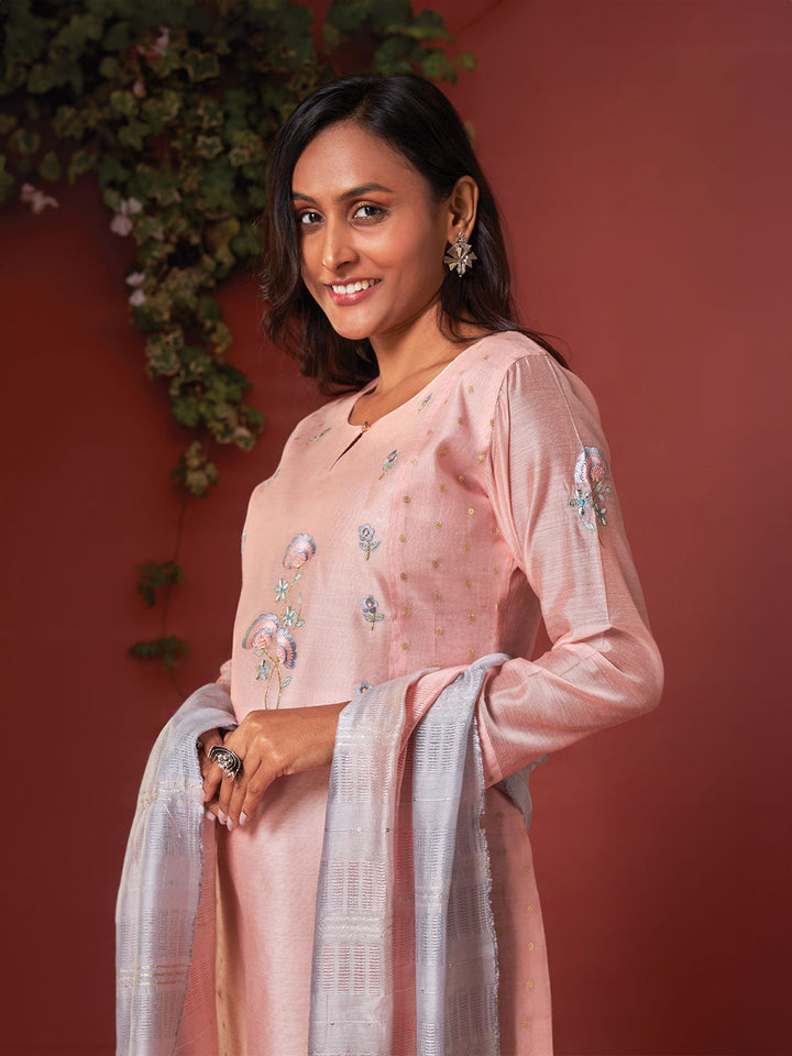 Peach Chanderi Embroidered Kurta Set with Dupatta