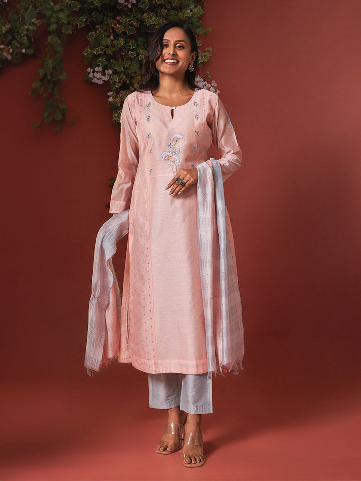 Peach Chanderi Embroidered Kurta Set with Dupatta