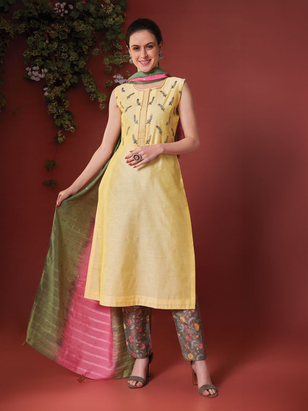 Yellow Chanderi Embroidered Kurta Set with Dupatta