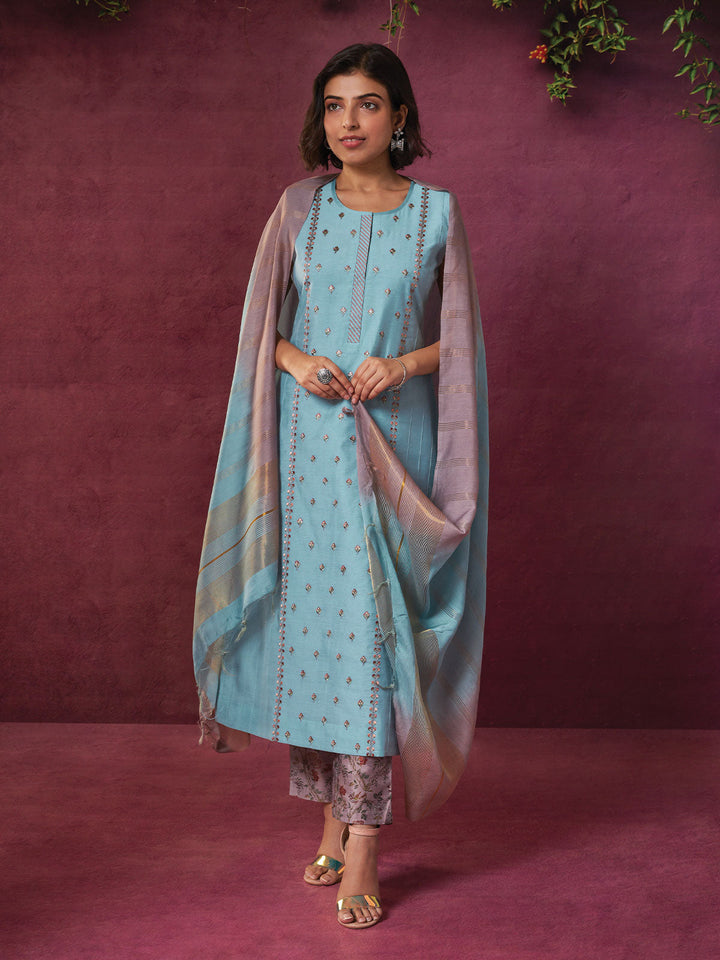 Blue Chanderi Embroidered Kurta Set with Dupatta