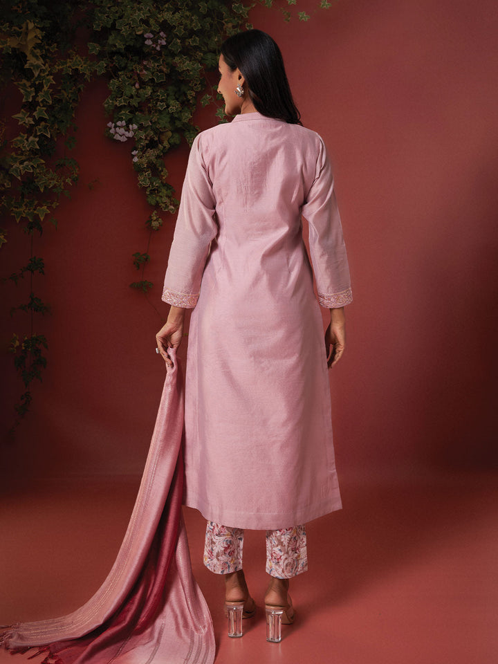 Pink Chanderi Embroidered Kurta Set with Dupatta