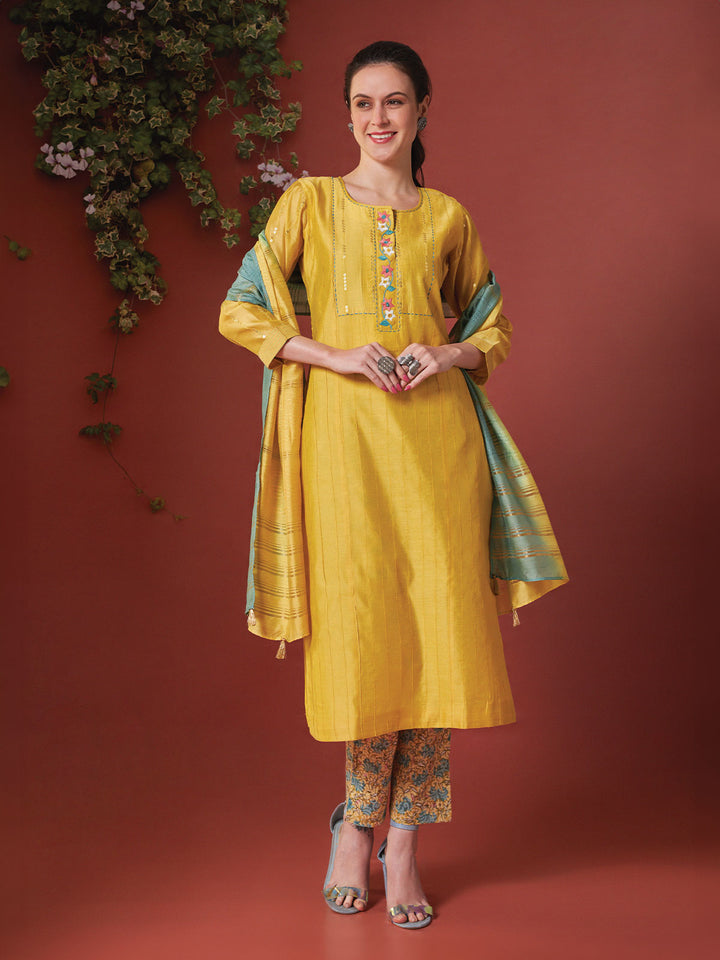 Yellow Chanderi Embroidered Kurta Set with Dupatta