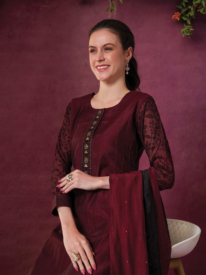 Maroon Chanderi Embroidered Kurta Set with Dupatta