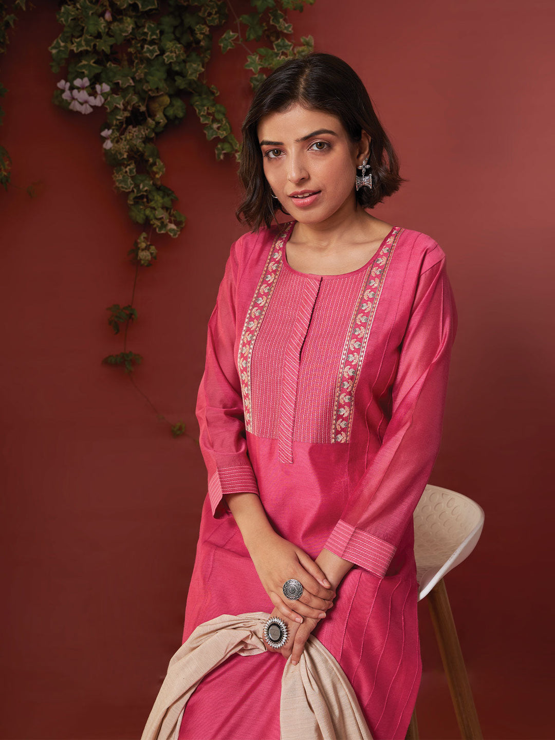 Pink Chanderi Embroidered Kurta Set with Dupatta