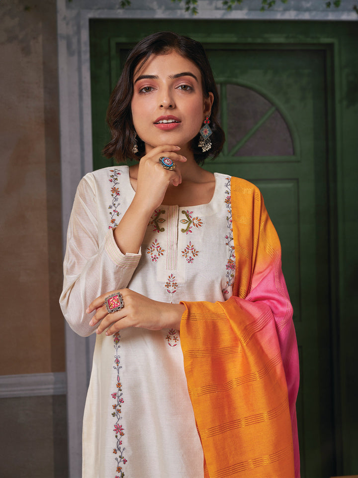Cream Floral Embroidered Chanderi Suit Set