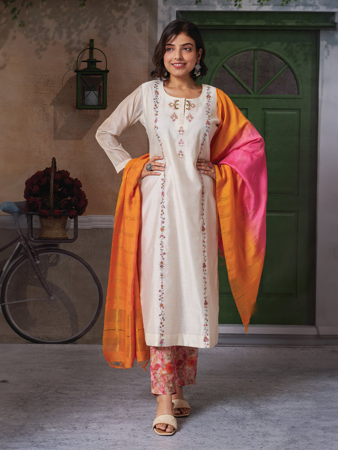 Cream Floral Embroidered Chanderi Suit Set