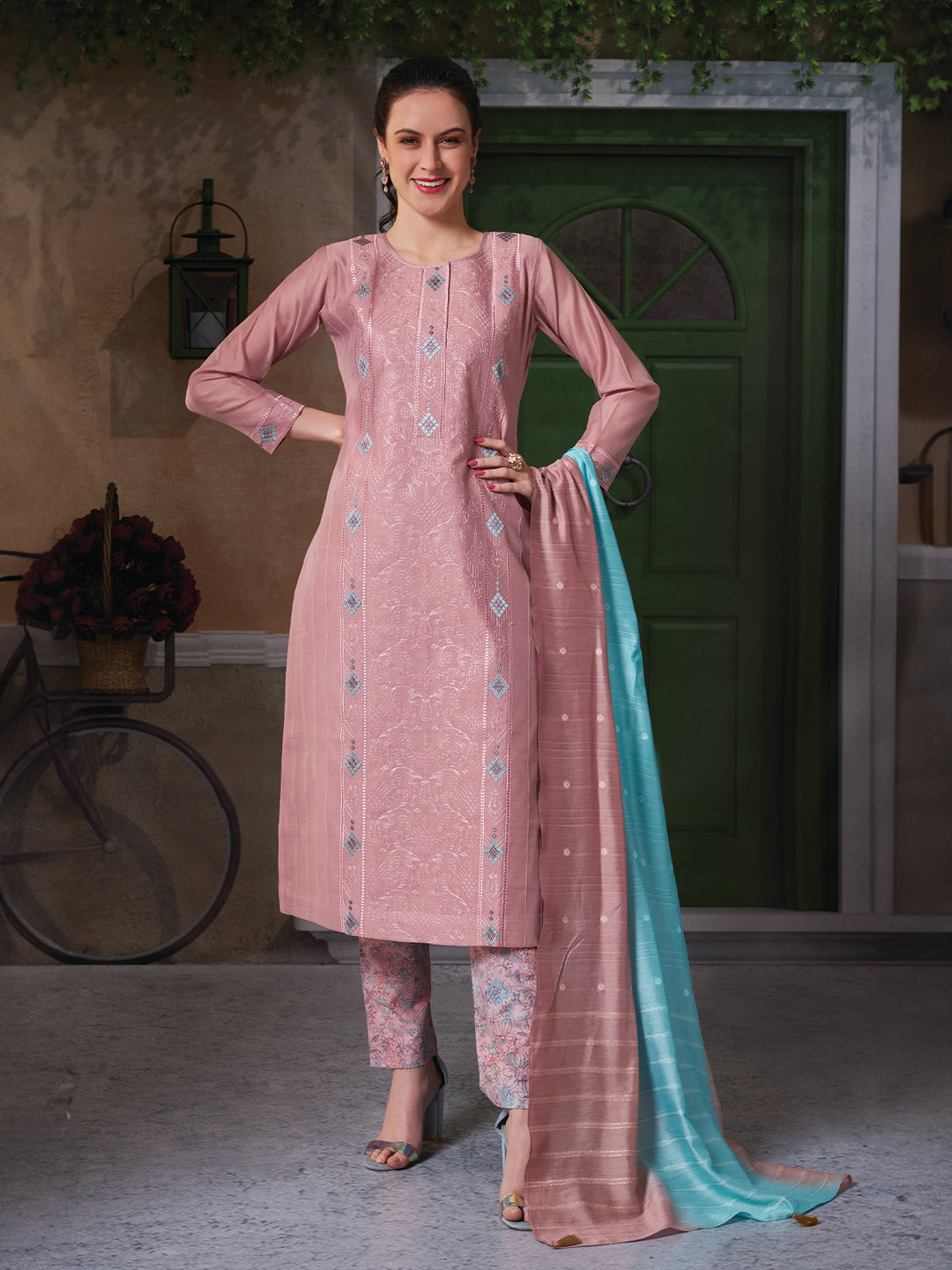 Onion Pink Chanderi Embroidered Suit Set