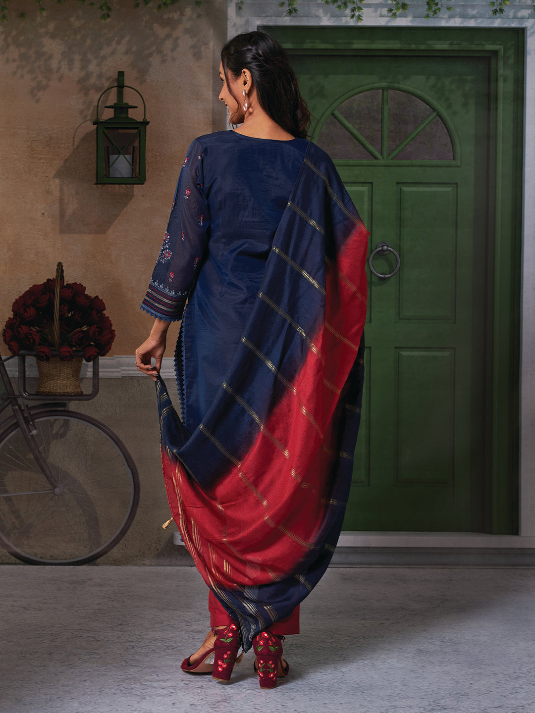 Navy Blue Chanderi Embroidered Suit Set