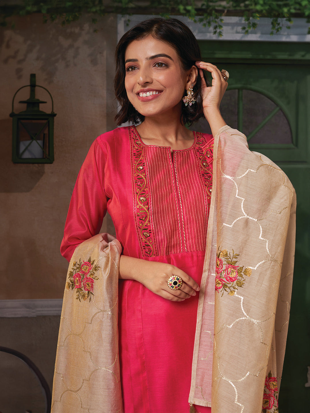 Pink Chanderi Embroidered Suit Set