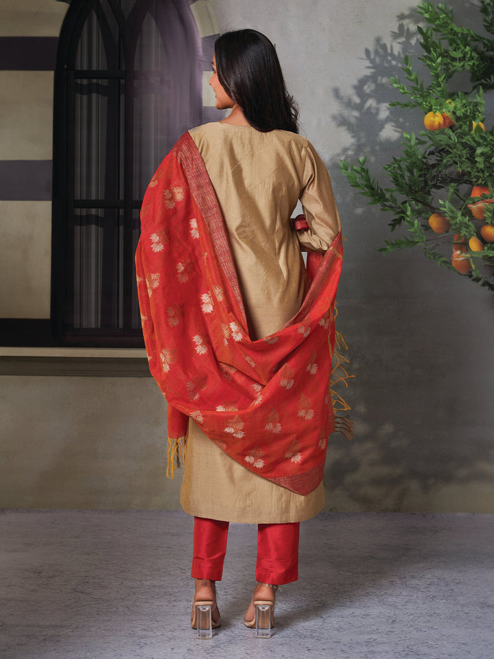 Beige Embroidered Chanderi Suit Set