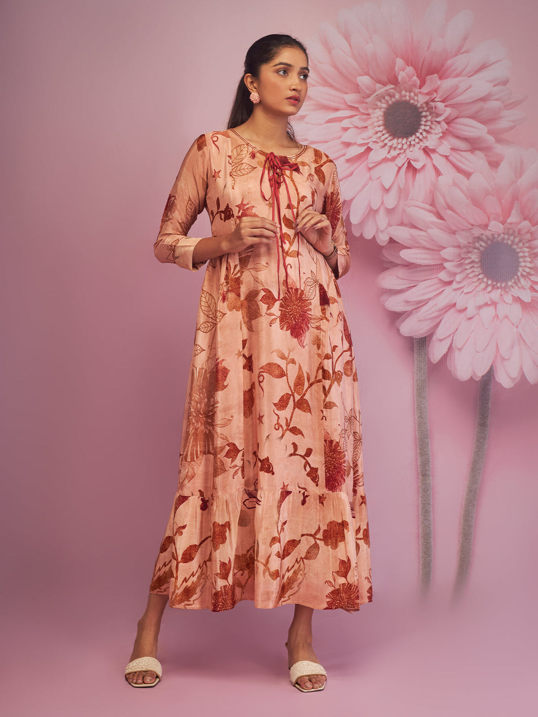 Peach Floral Midi-Dress