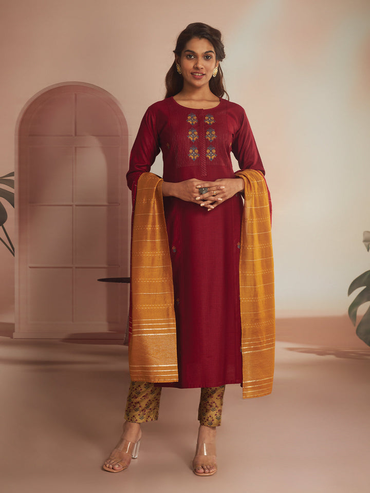 Maroon Embroidered Suit Set