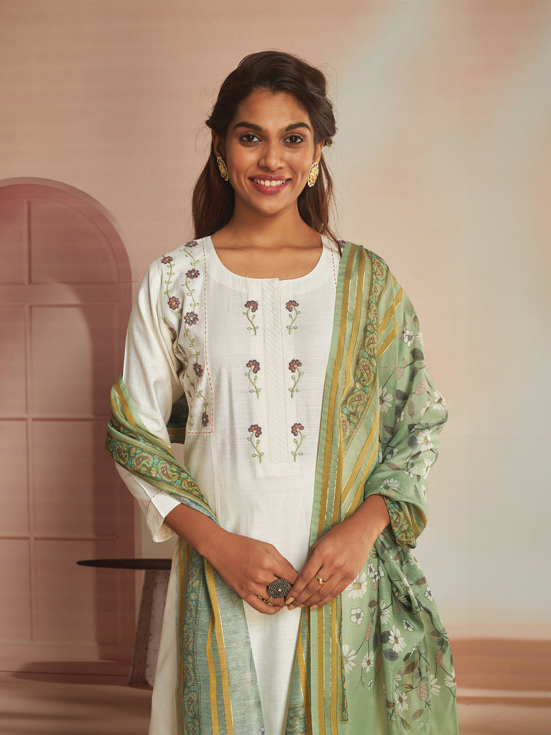 Cream Floral Embroidered Suit Set