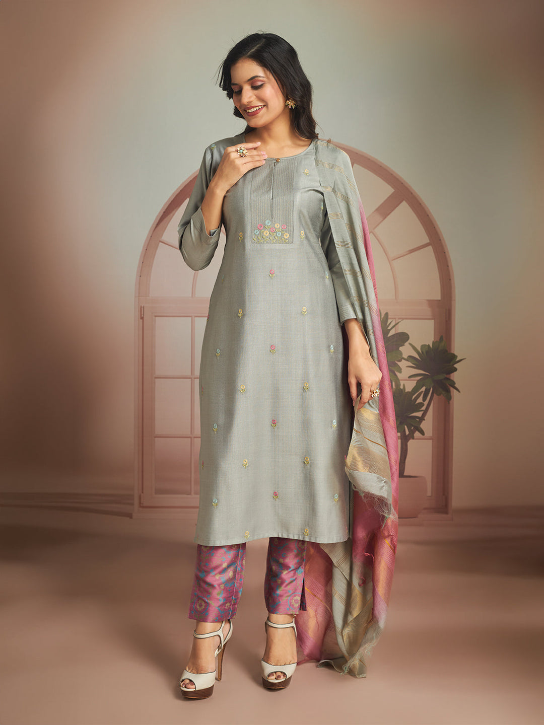 Grey Floral Embroidered Suit Set