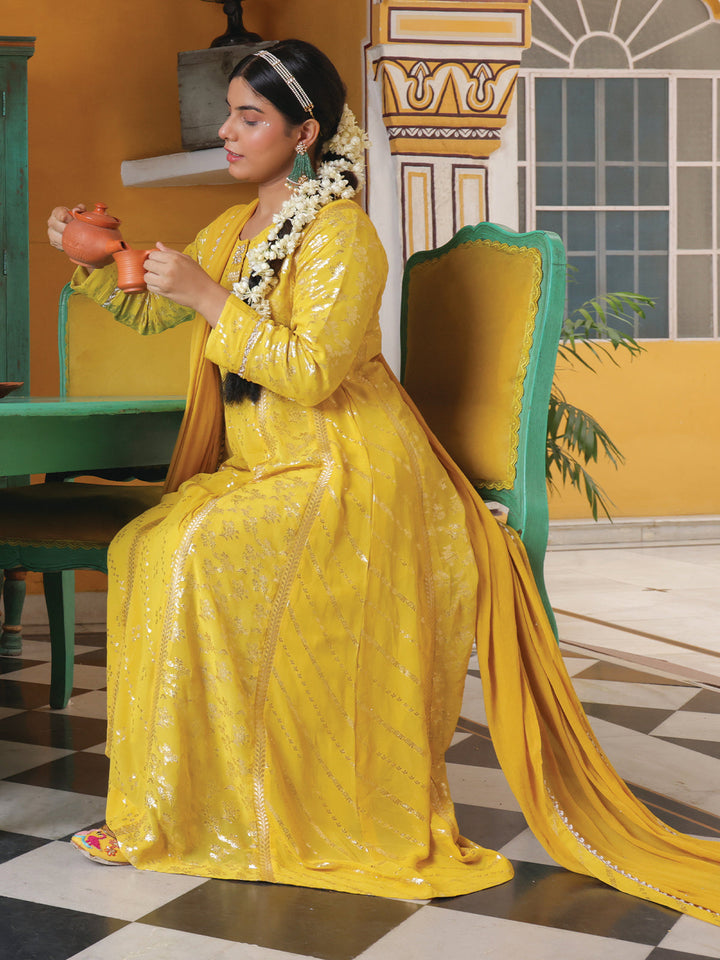 Yellow Jacquard Anarkali Set