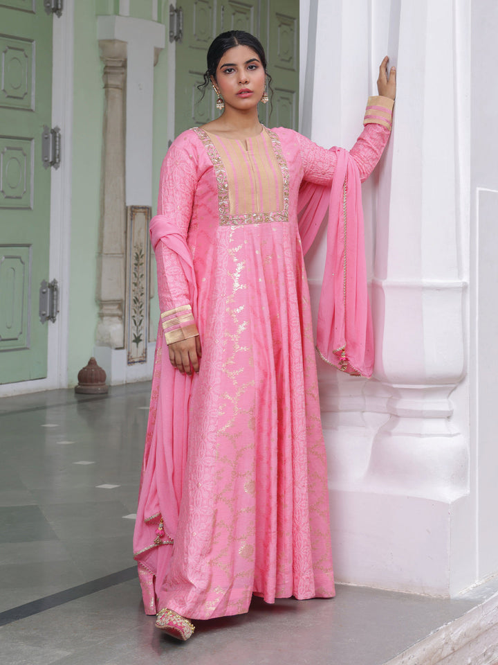 Pink Jacquard Silk Anarkali Set