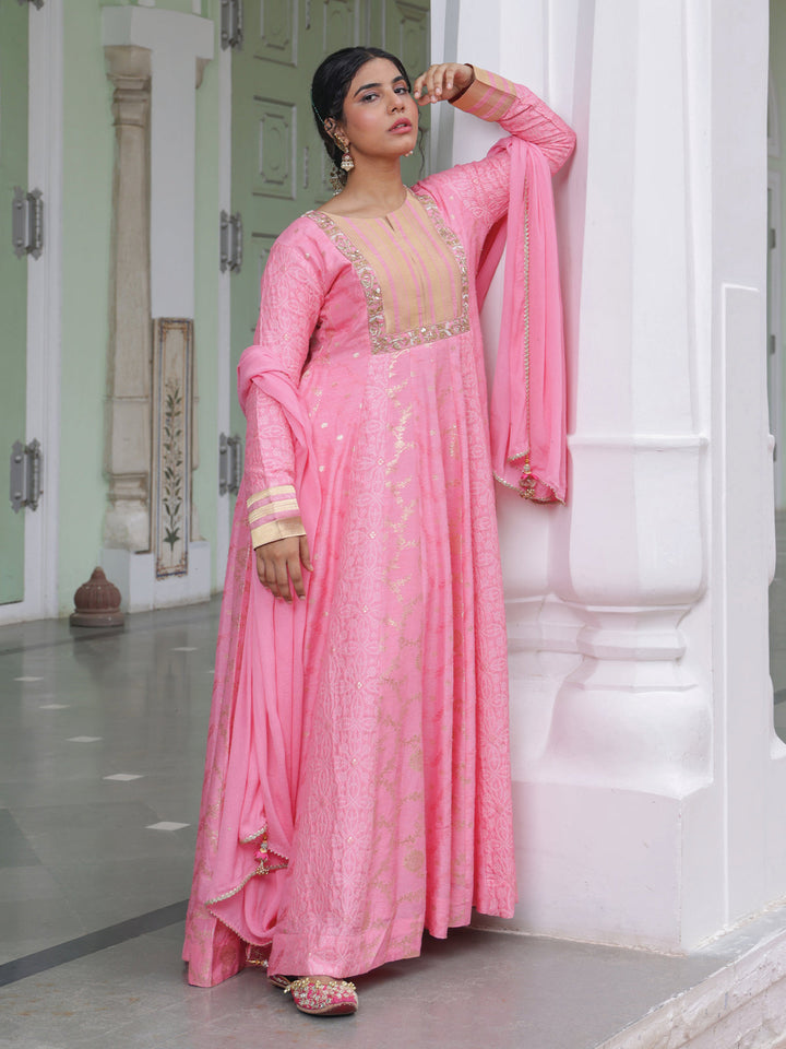 Pink Jacquard Silk Anarkali Set