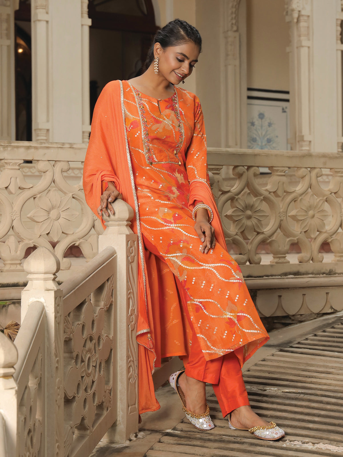 Orange Handloom Anarkali With Churidaar And Embroidered Dupatta Set –  WeaverStory