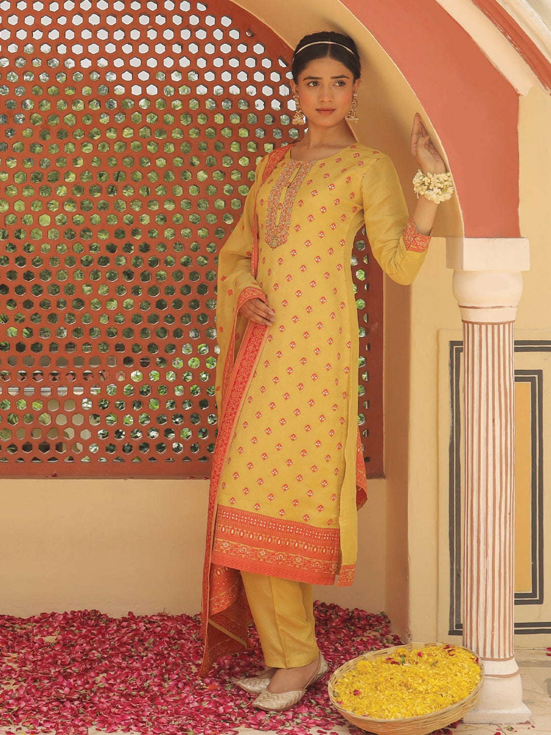 Yellow Jacquard Kurta Set with Dupatta