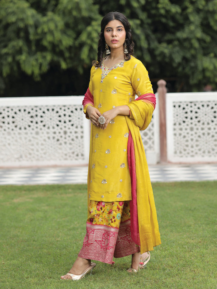 Yellow Tissue Silk Kurta Set with Dupatta – Dressline Fashion