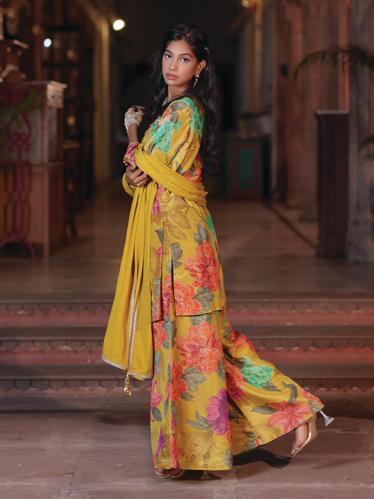 Beige coloured floral printed tissue kurti with teal coloured brocade –  Soyara Ethnics Studio