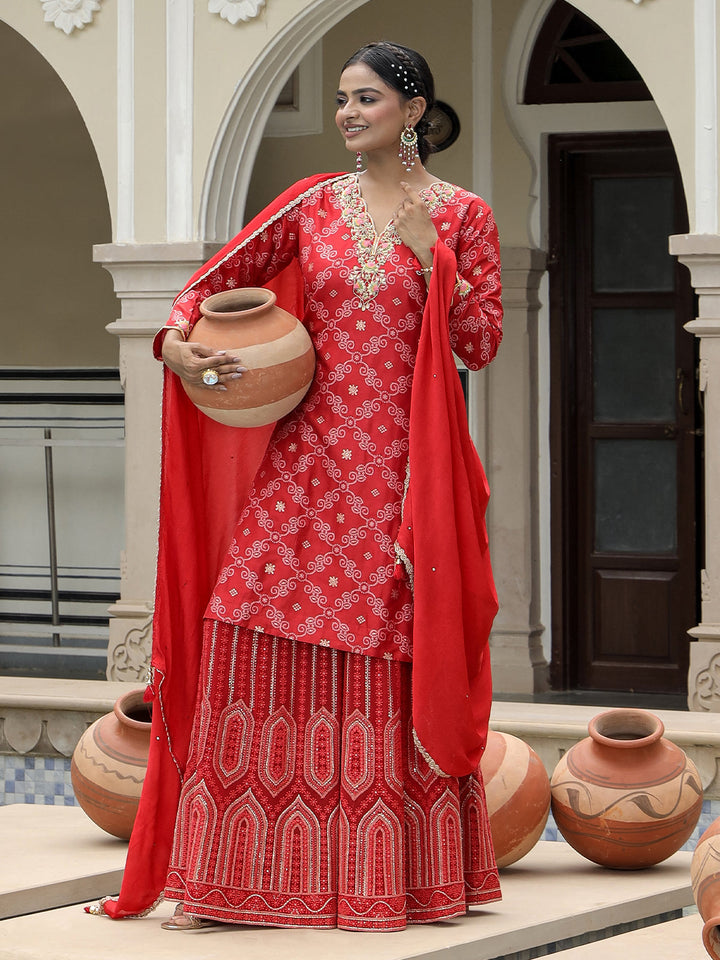 Red Embroidered Sharara Set