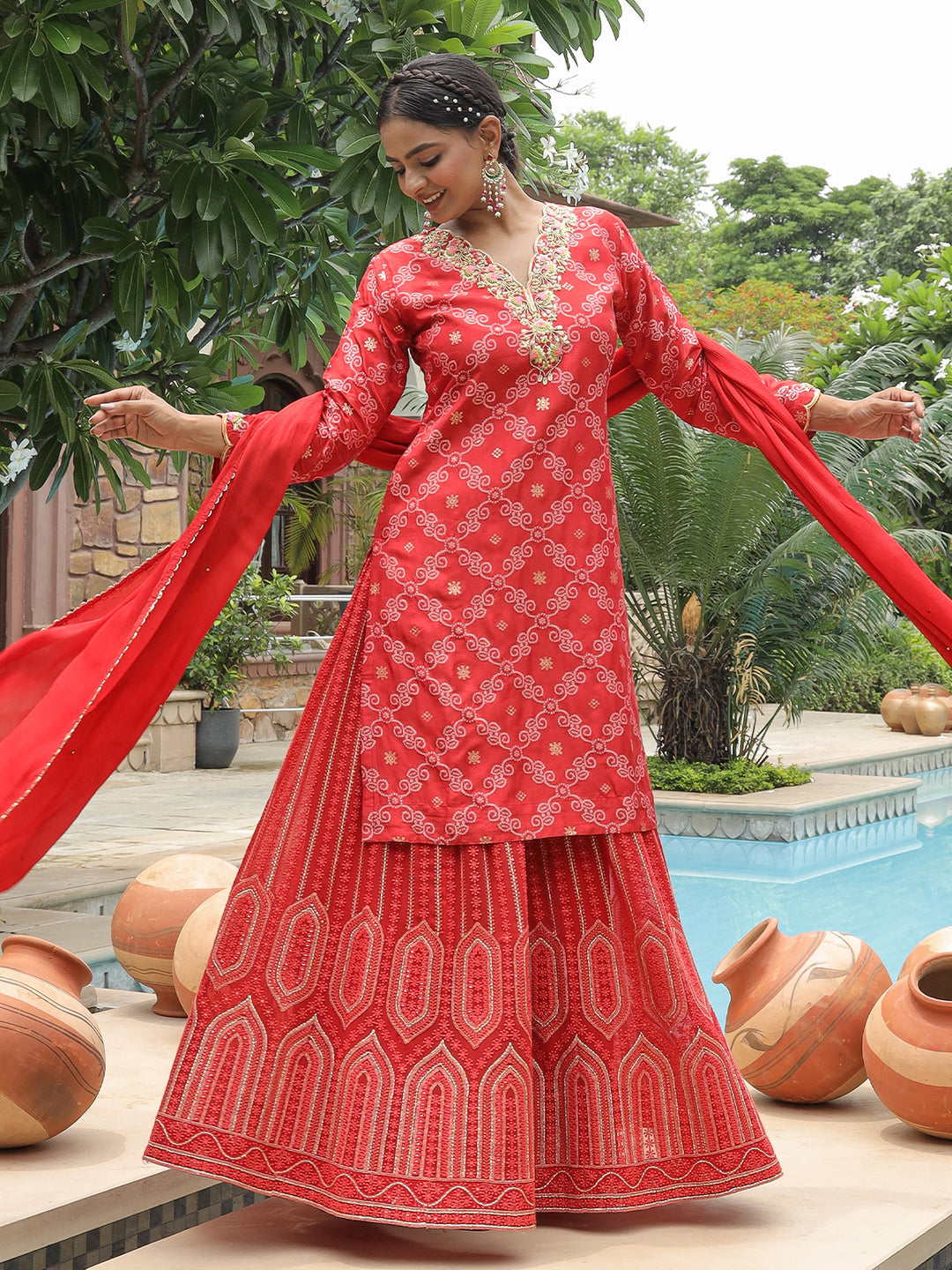 Red Embroidered Sharara Set