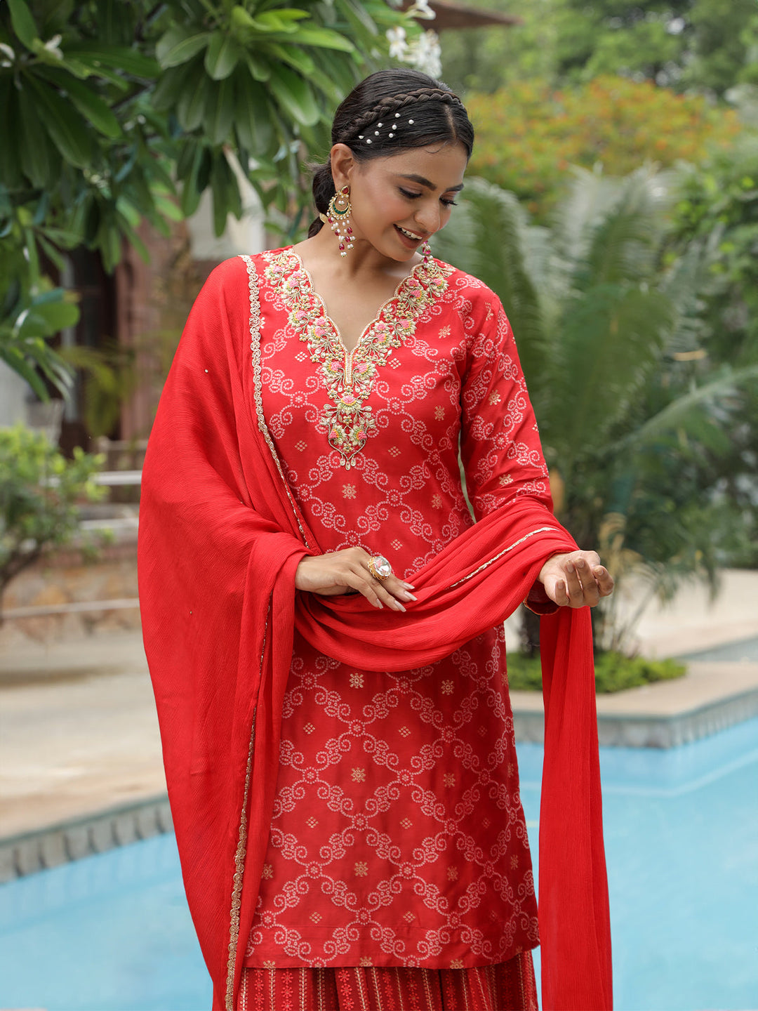 Red Embroidered Sharara Set