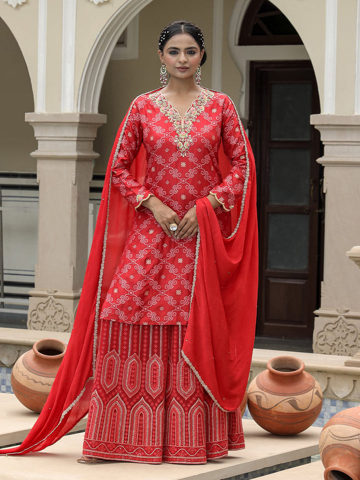 Red Embroidered Sharara Set