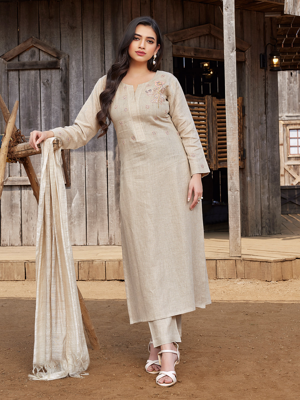 Cream cotton silk one piece dress with benarasi combination – Sujatra