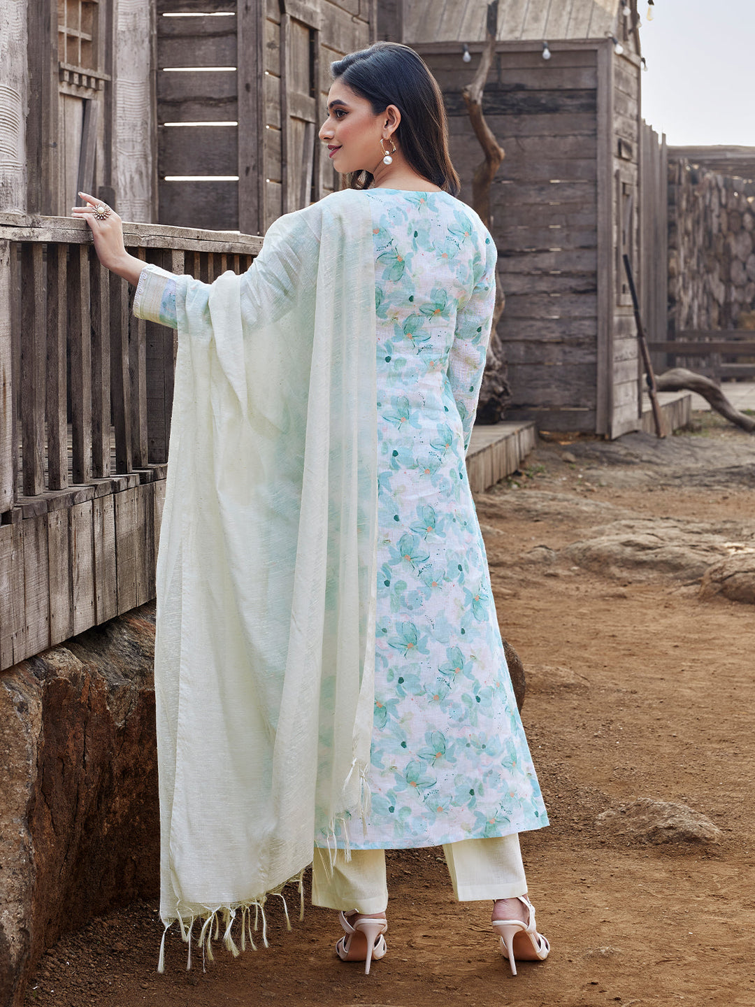 Blue Floral Linen Kurta Set with Dupatta