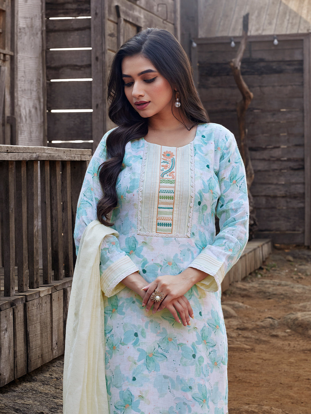 Blue Floral Linen Kurta Set with Dupatta