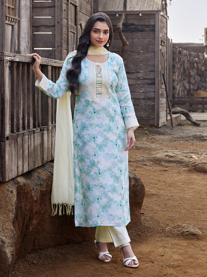 Blue Floral Linen Kurta Set with Dupatta