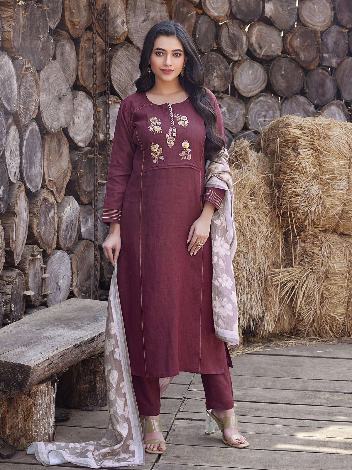 Wine Casual Wear Embroidered Cotton Kurti Pant Set