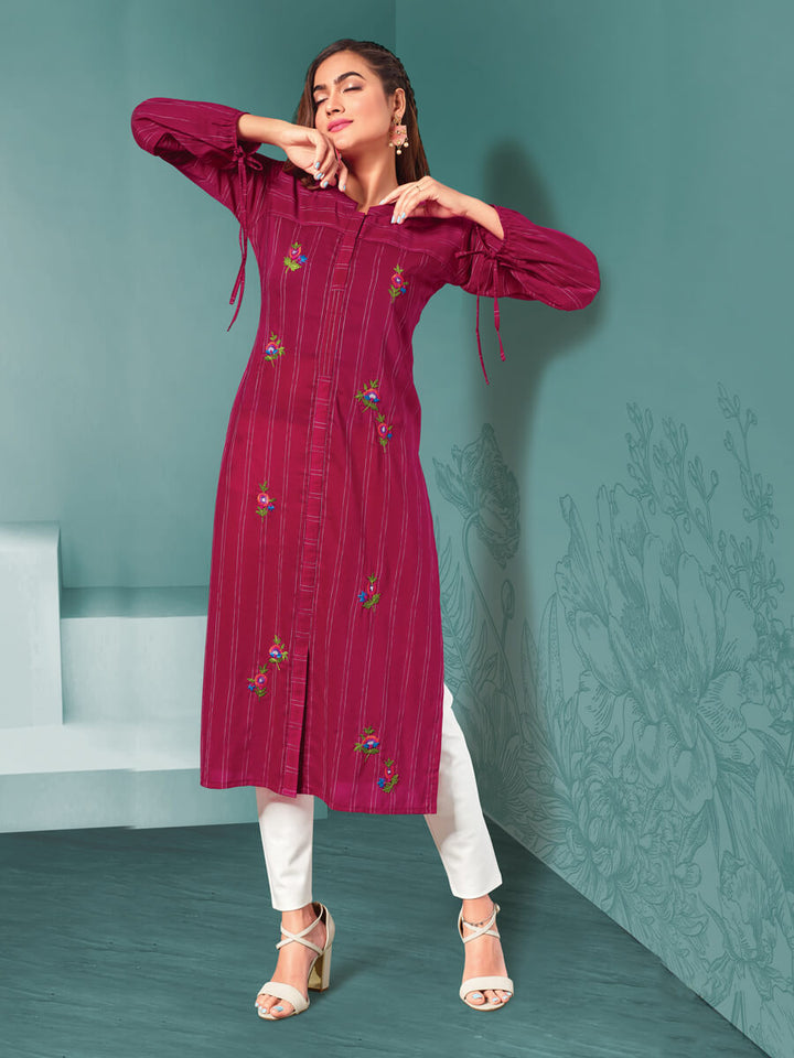 Red Stipe Tunic with Embroidered