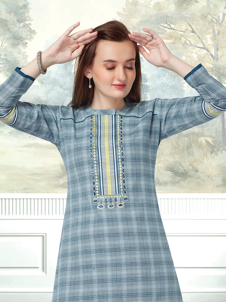 Blue Checked Embroidered Kurta with Pant
