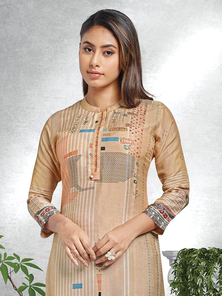 Beige Embroidered  & Printed Tunic